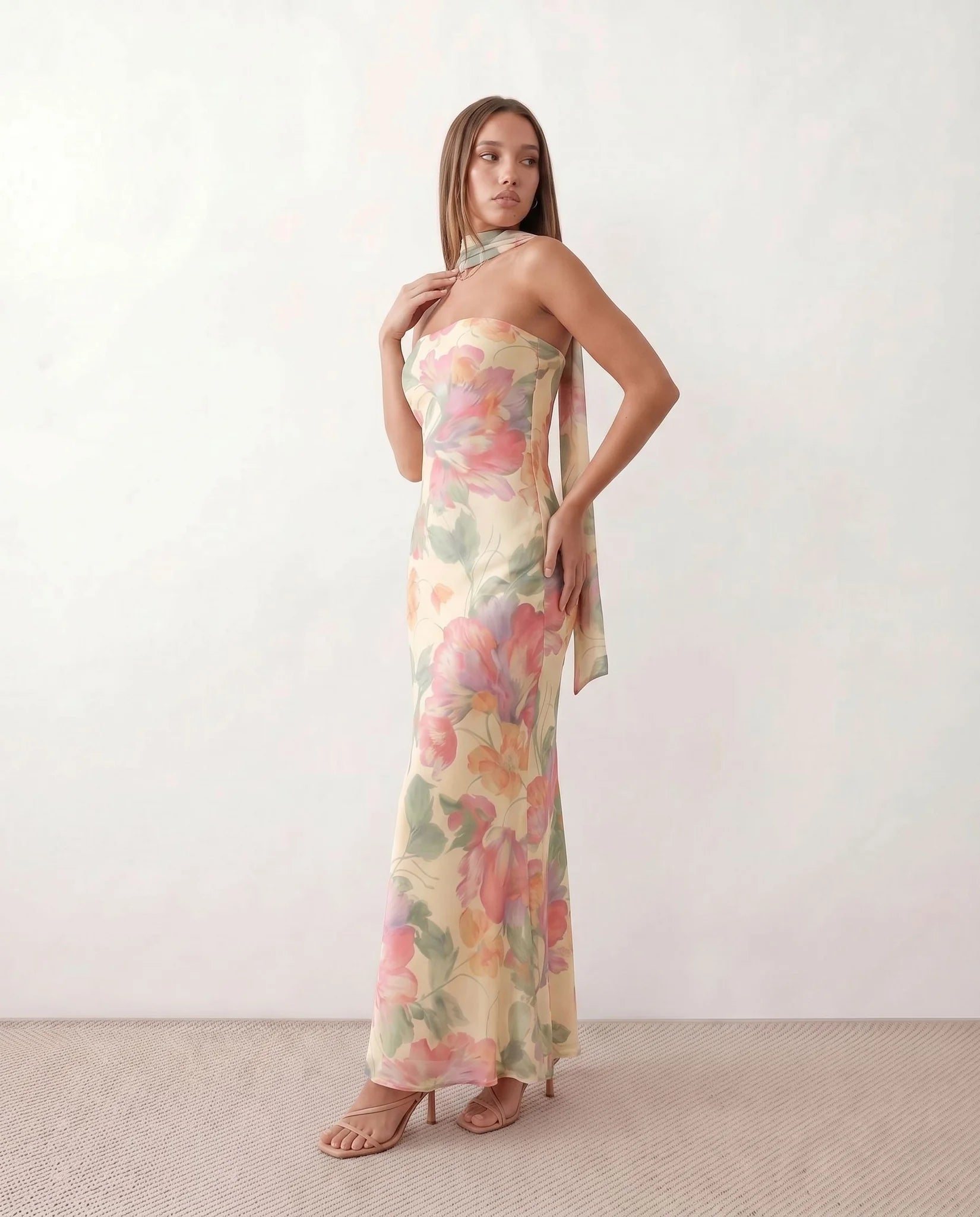 Diana Cocktail Satin Maxi Dress in Floral Beige — side view