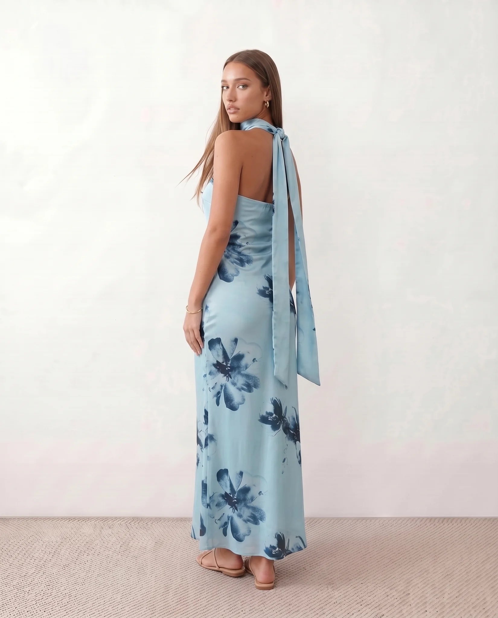 Diana Cocktail Satin Maxi Dress in Floral Light Blue — back view