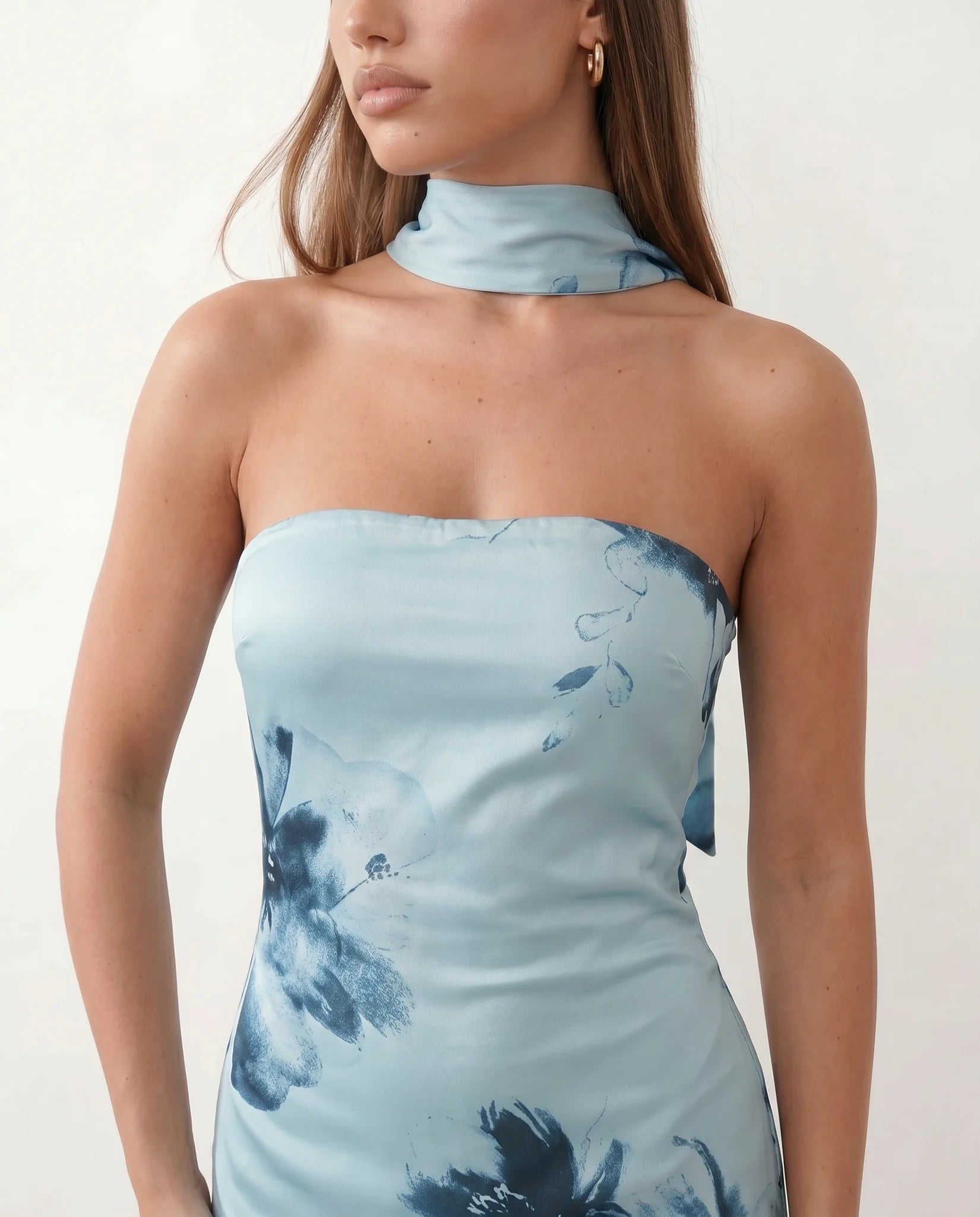 Diana Cocktail Satin Maxi Dress in Floral Light Blue — detail close-up