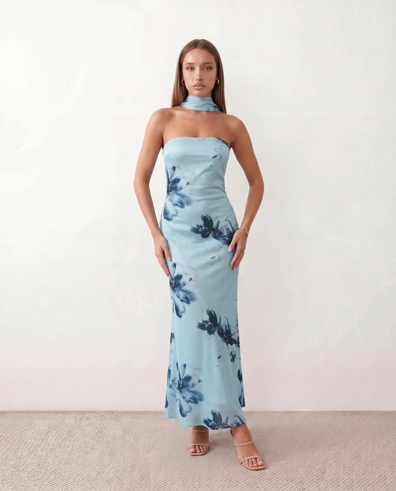 Diana Cocktail Satin Maxi Dress in Floral Light Blue — front view