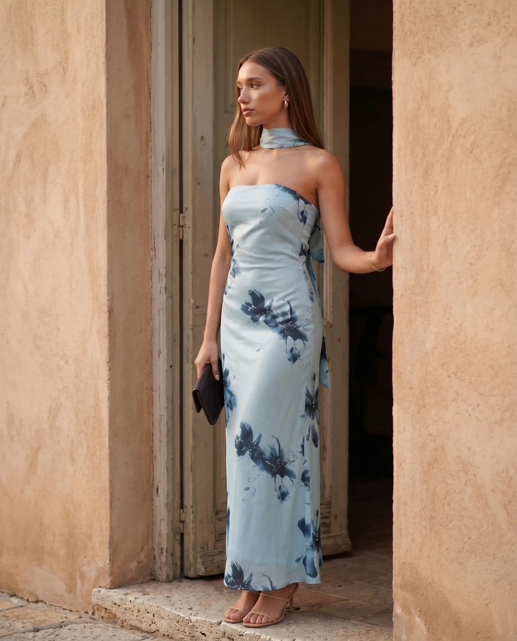 Diana Cocktail Satin Maxi Dress in Floral Light Blue — lifestyle occasion view