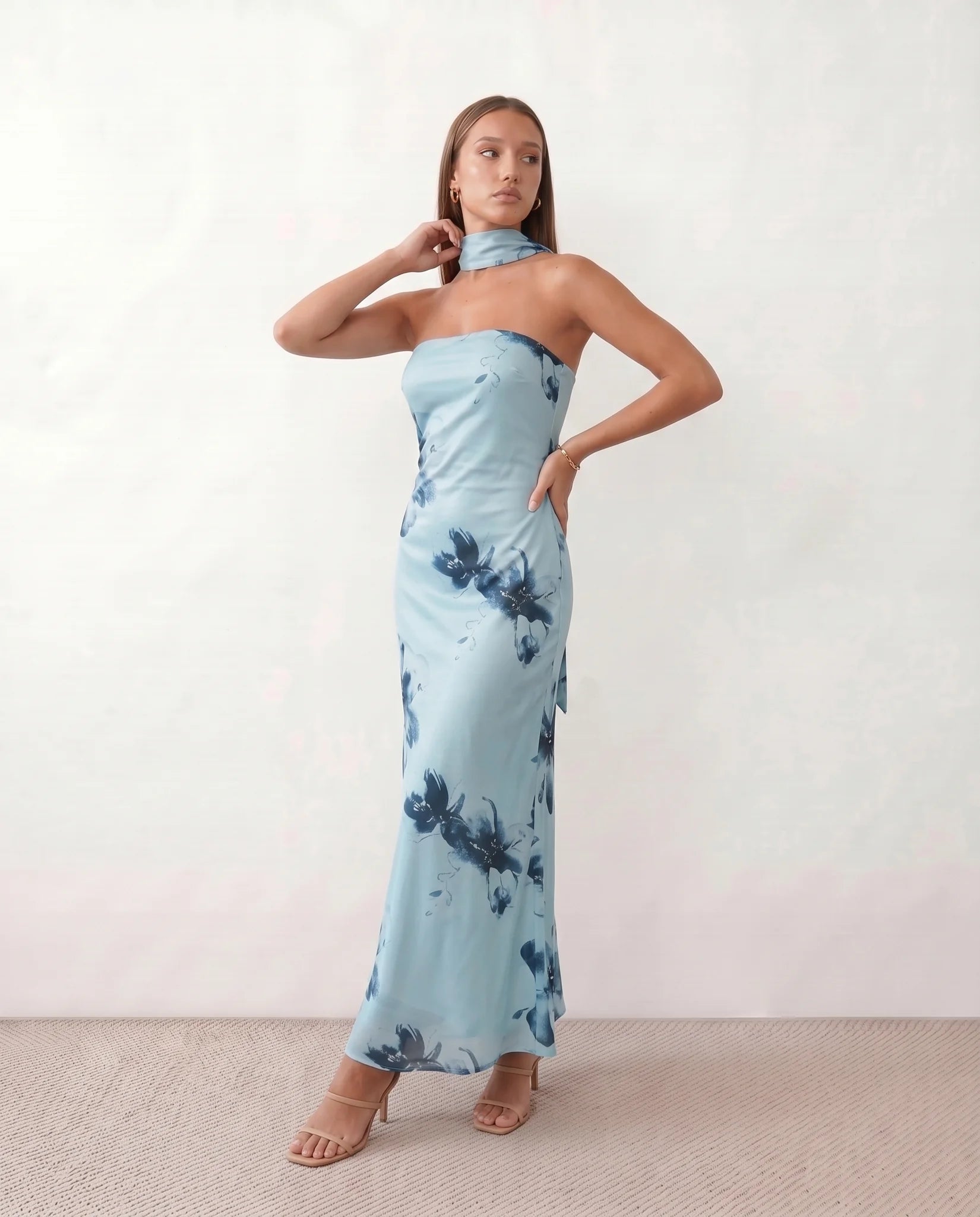 Diana Cocktail Satin Maxi Dress in Floral Light Blue — side view