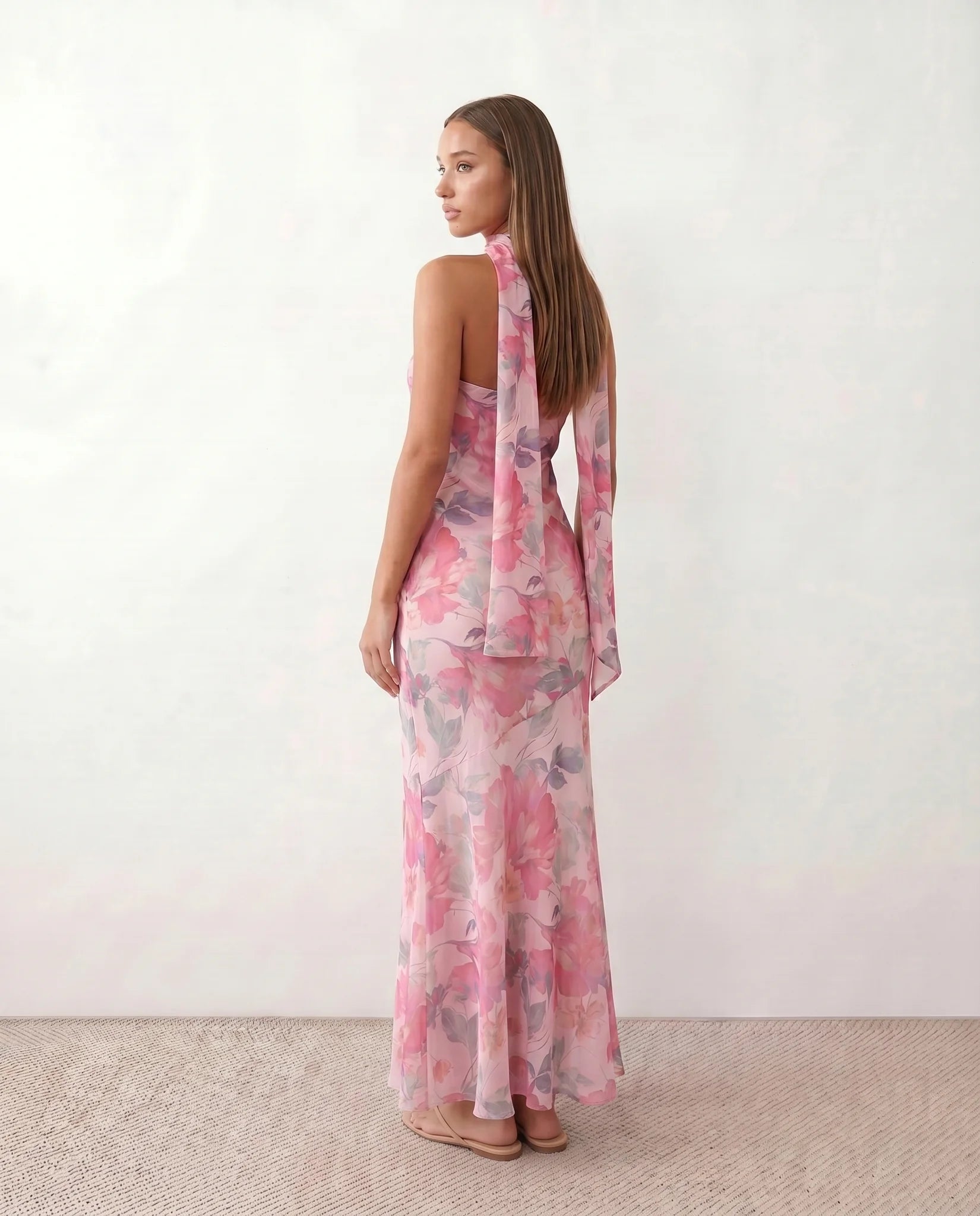 Diana Cocktail Satin Maxi Dress in Floral Pink — back view