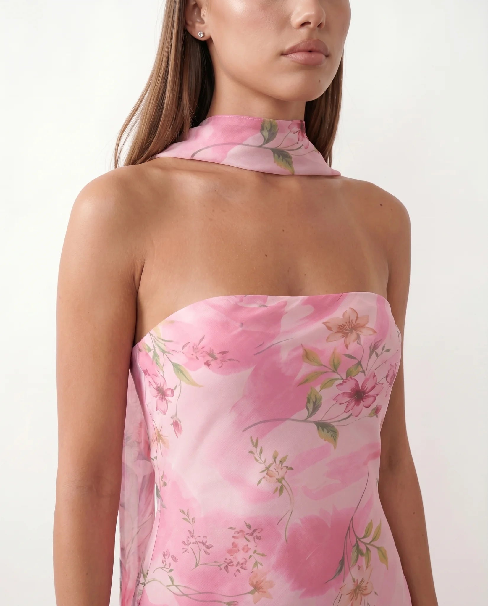 Diana Cocktail Satin Maxi Dress in Floral Pink — detail close-up