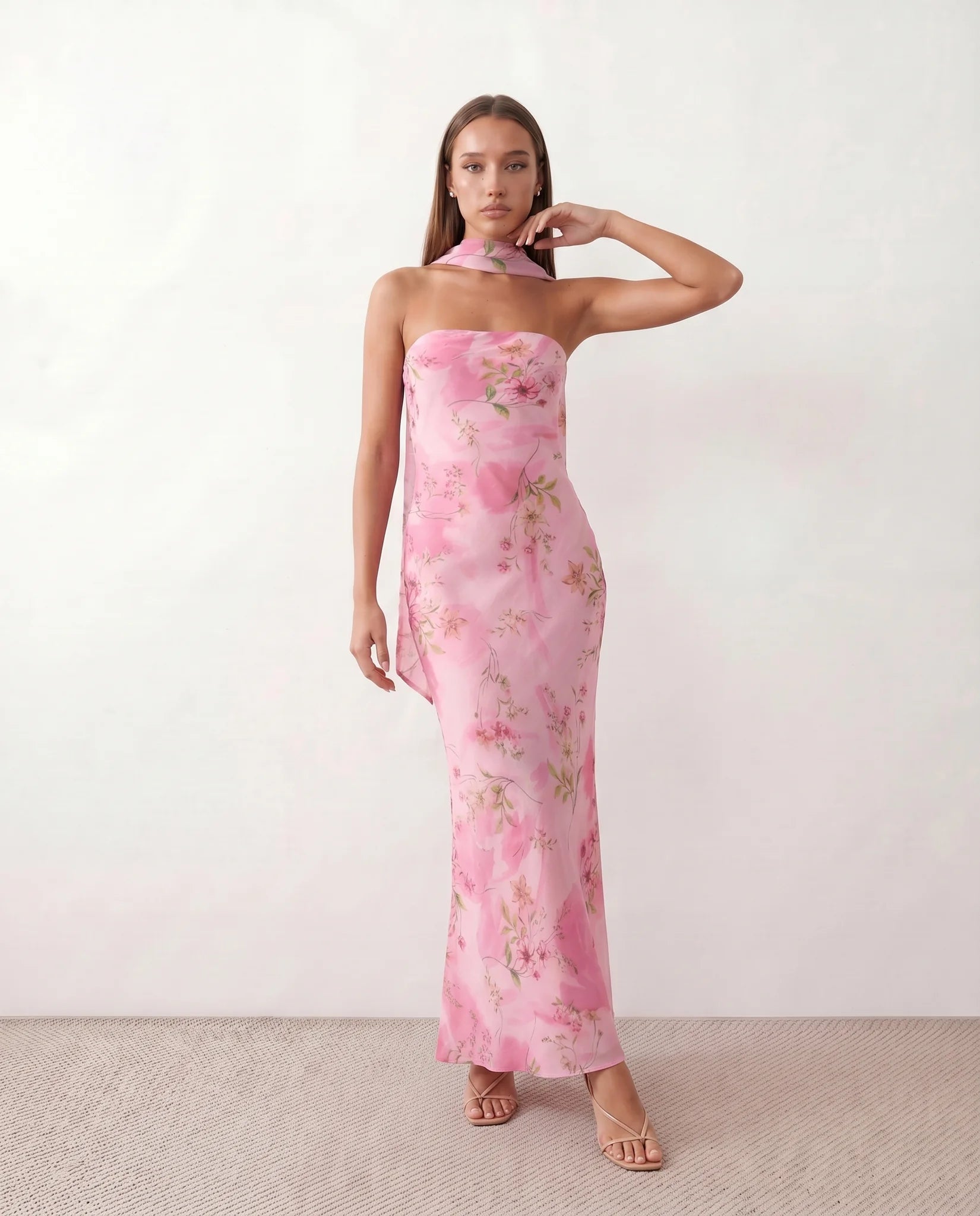 Diana Cocktail Satin Maxi Dress in Floral Pink — front view