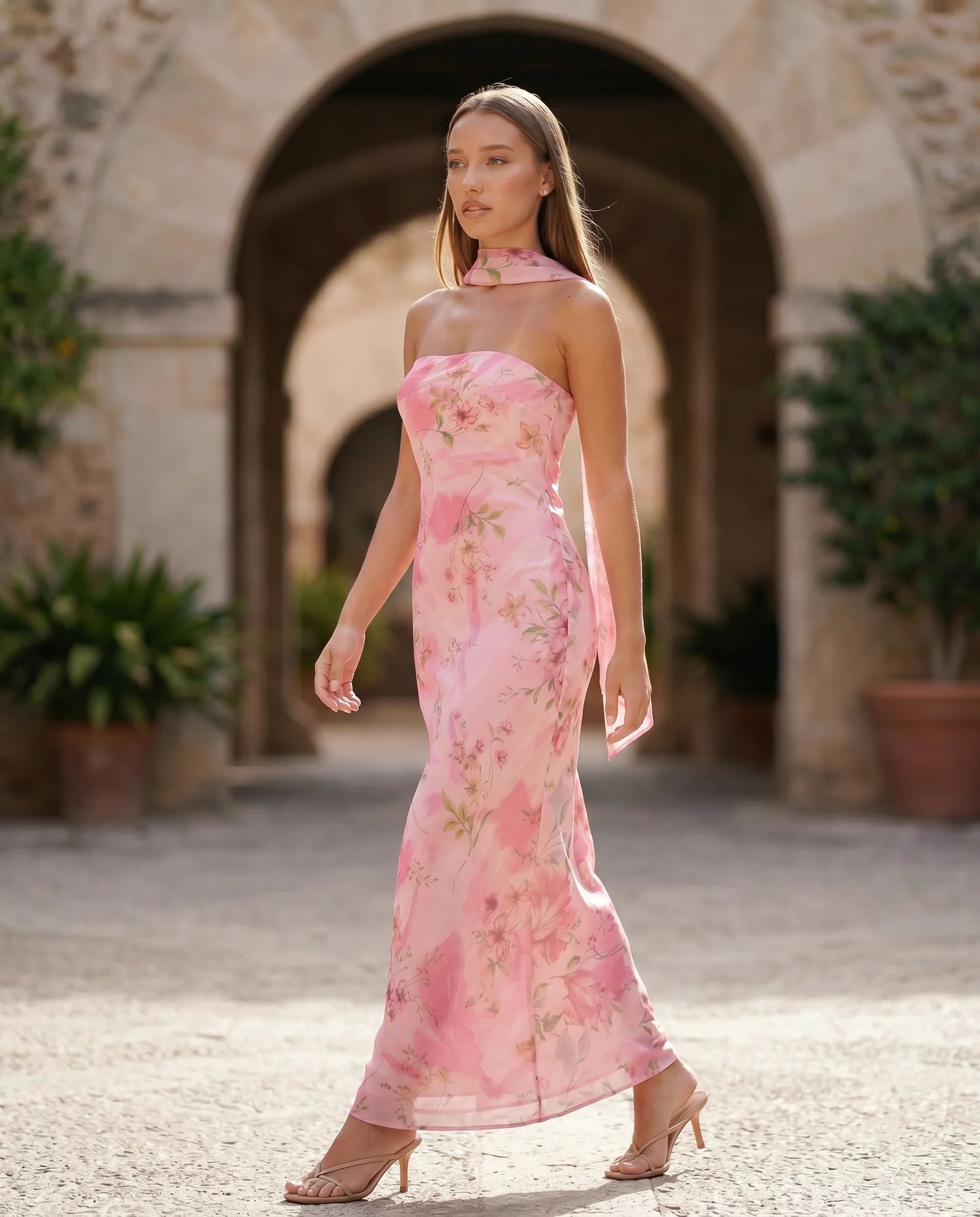 Diana Cocktail Satin Maxi Dress in Floral Pink — lifestyle movement view