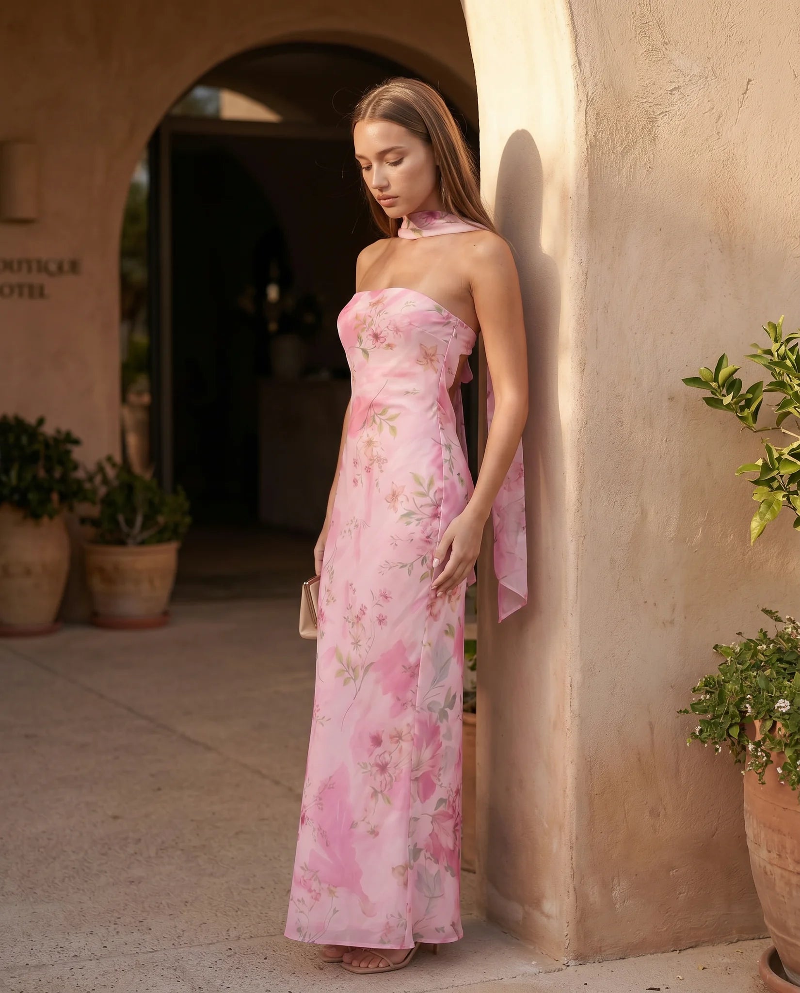 Diana Cocktail Satin Maxi Dress in Floral Pink — lifestyle occasion view