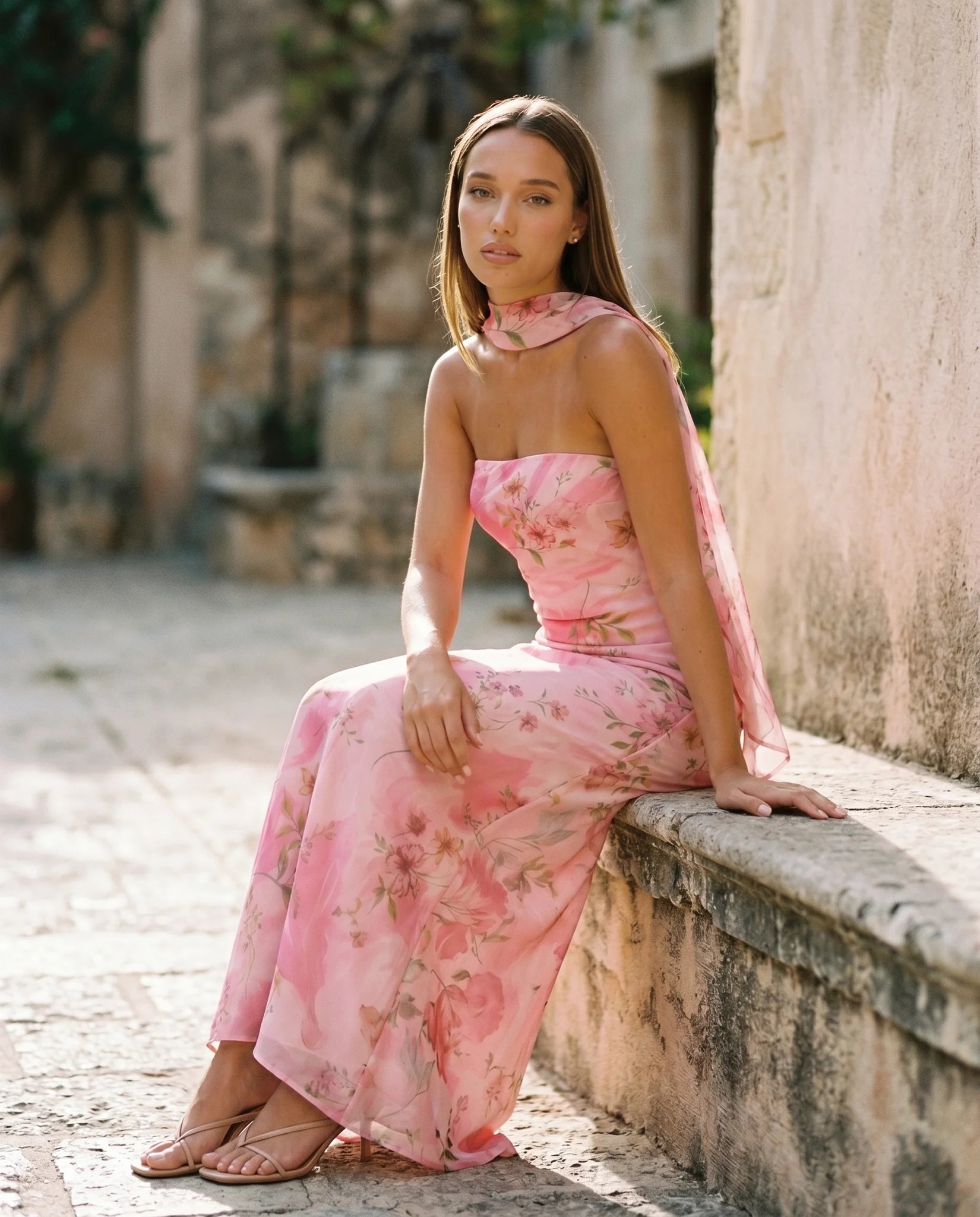 Diana Cocktail Satin Maxi Dress in Floral Pink — lifestyle seated view