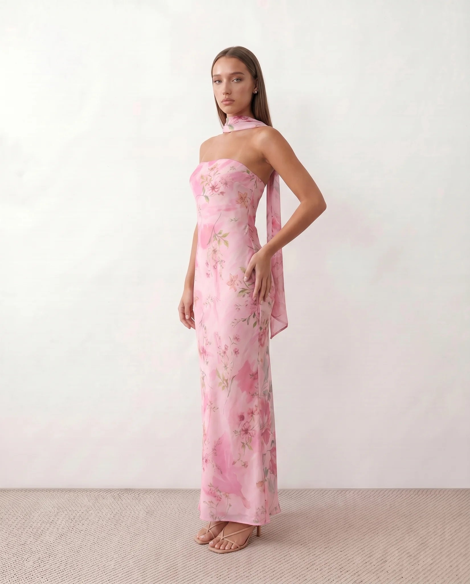 Diana Cocktail Satin Maxi Dress in Floral Pink — side view