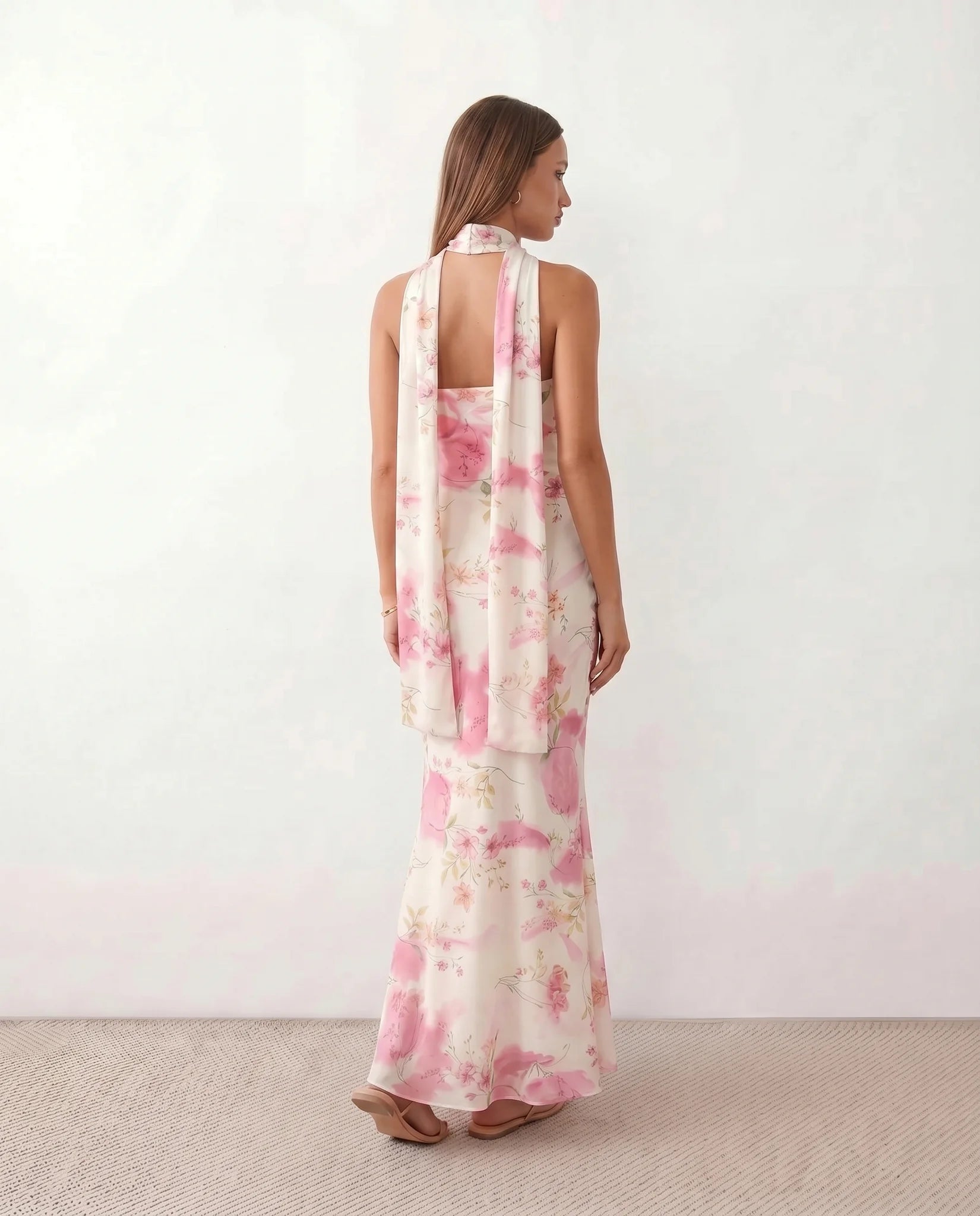 Diana Cocktail Satin Maxi Dress in Floral White — back view
