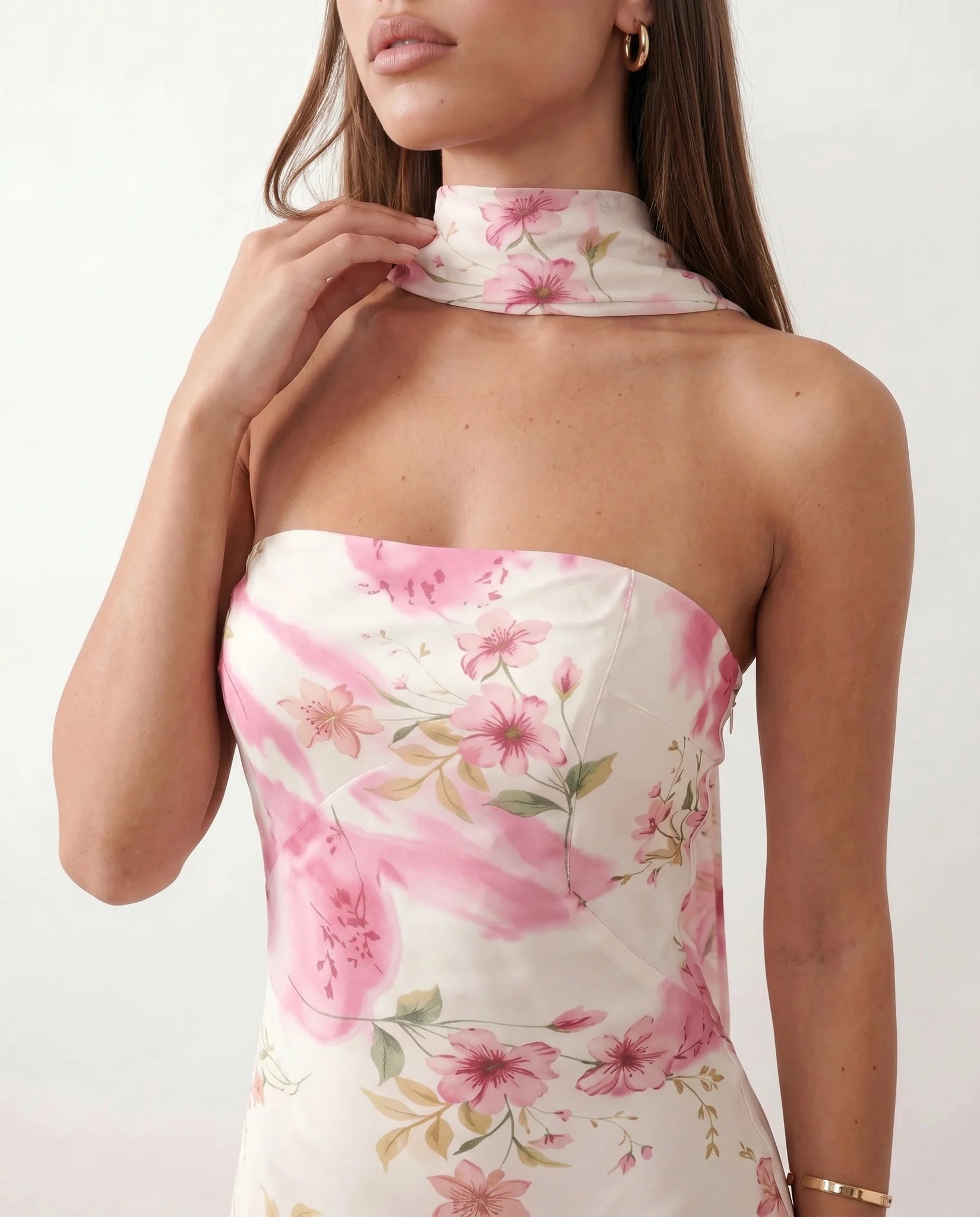 Diana Cocktail Satin Maxi Dress in Floral White — detail close-up