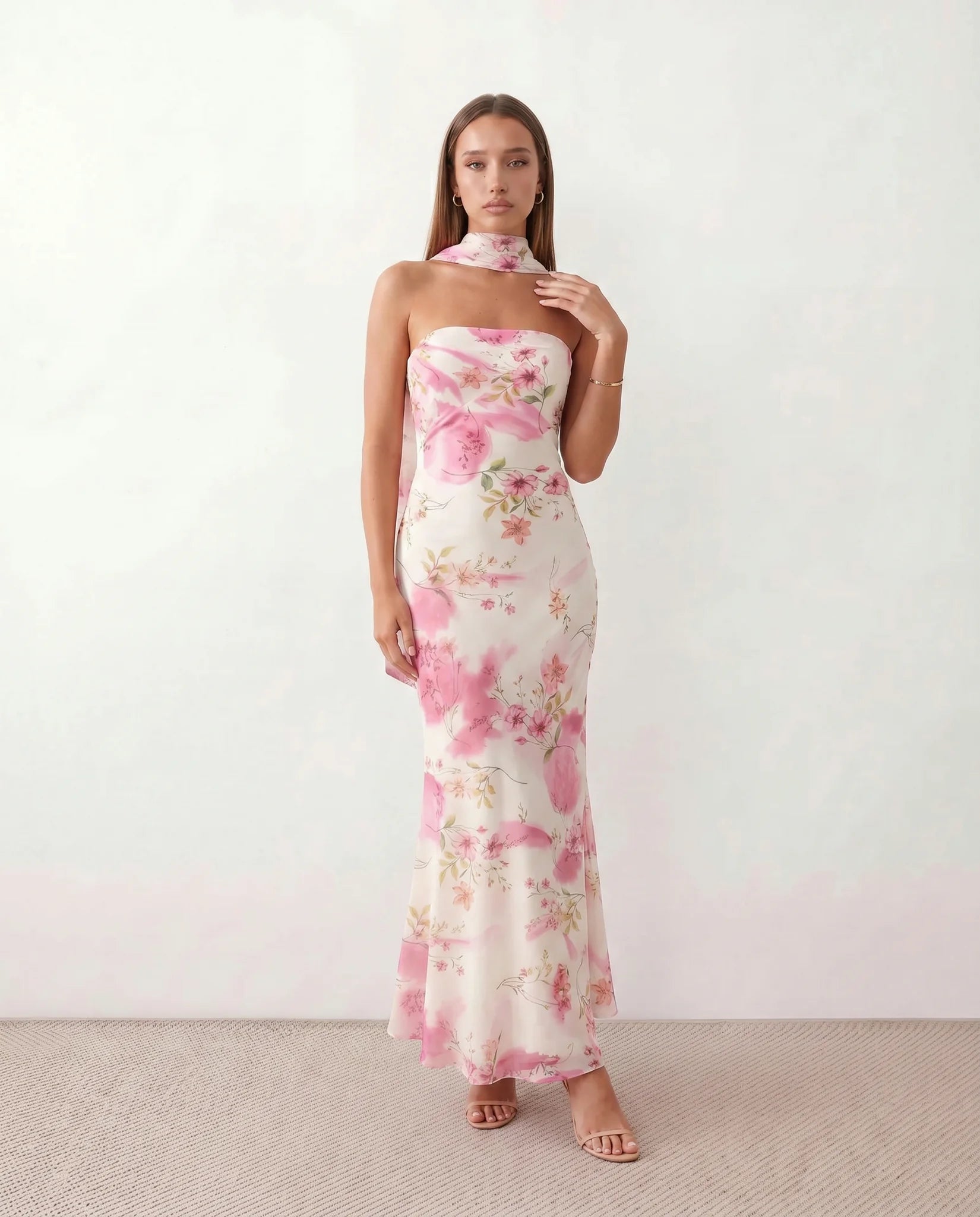 Diana Cocktail Satin Maxi Dress in Floral White — front view