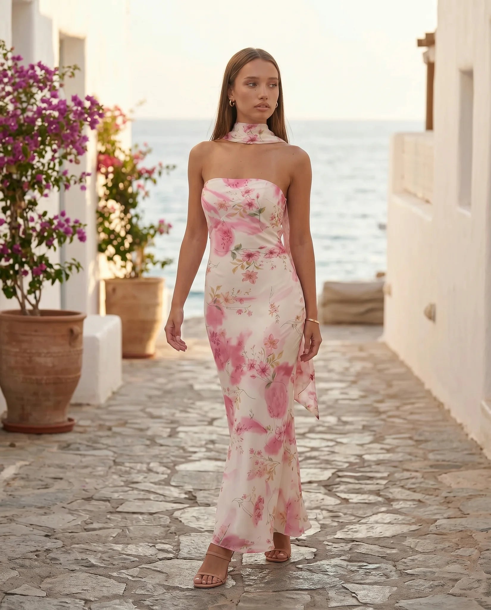 Diana Cocktail Satin Maxi Dress in Floral White — lifestyle movement view