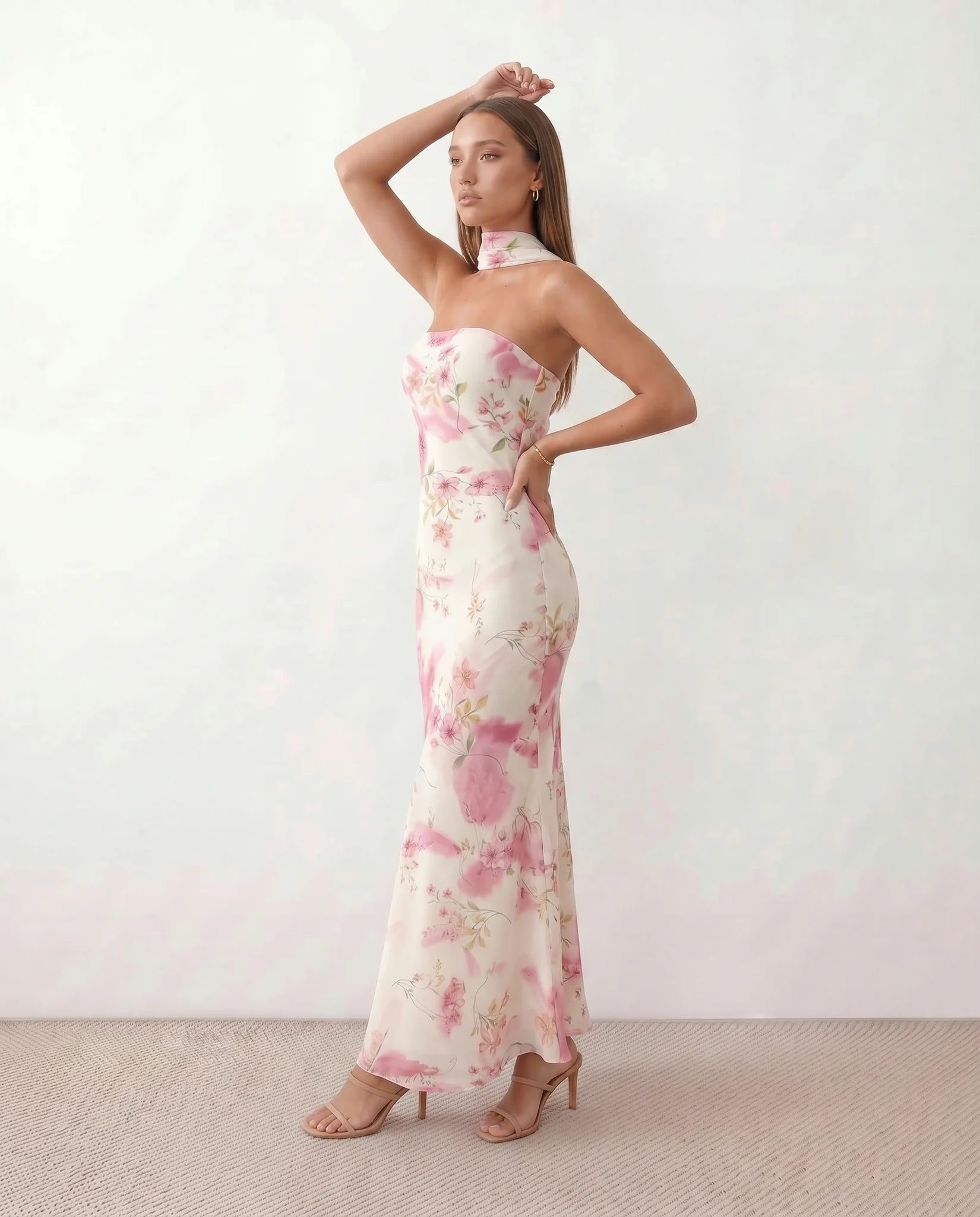 Diana Cocktail Satin Maxi Dress in Floral White — side view