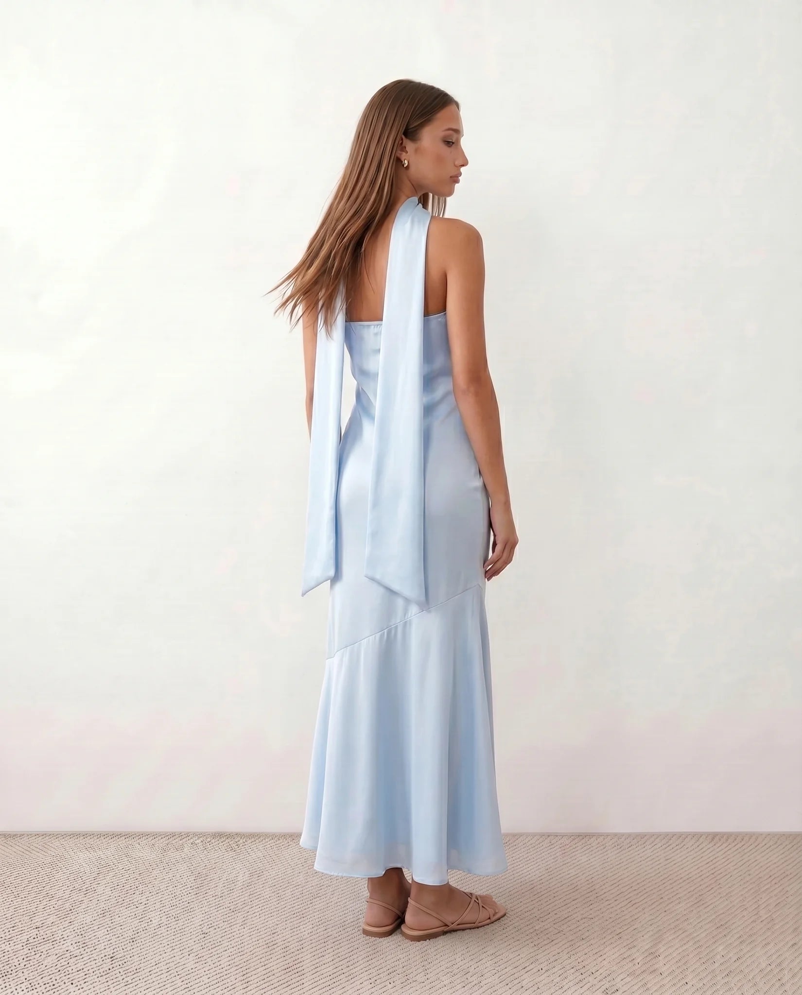 Diana Cocktail Satin Maxi Dress in Light Blue — back view