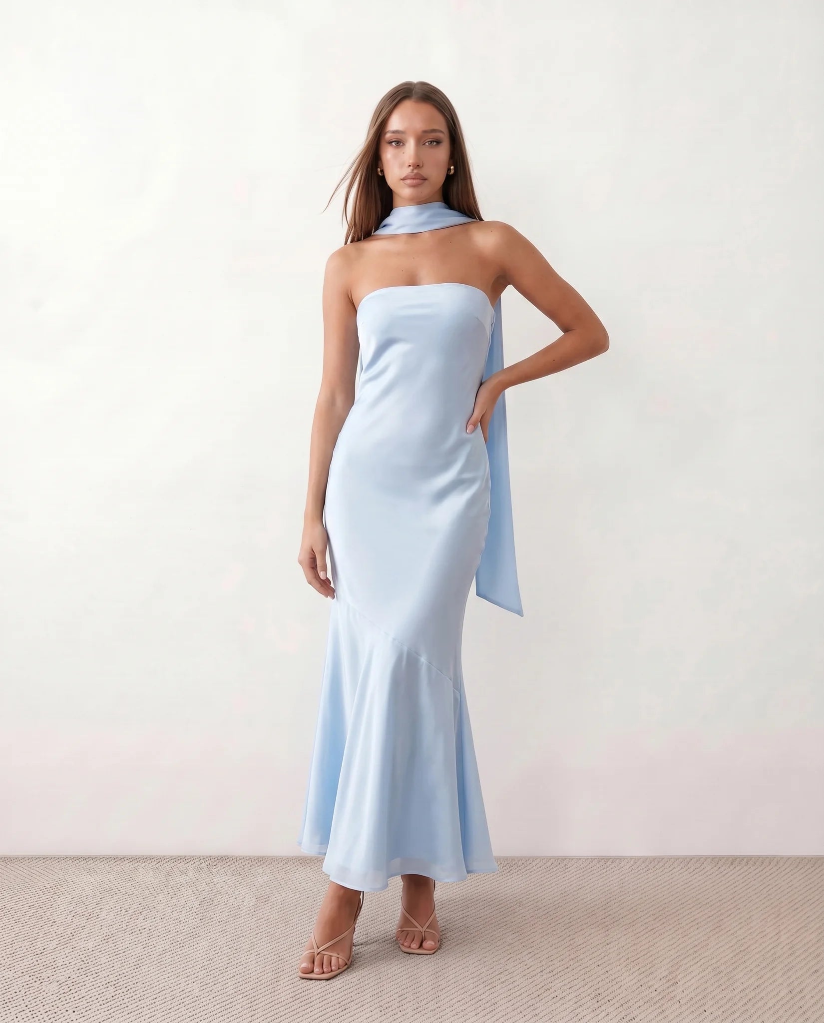 Diana Cocktail Satin Maxi Dress in Light Blue — front view