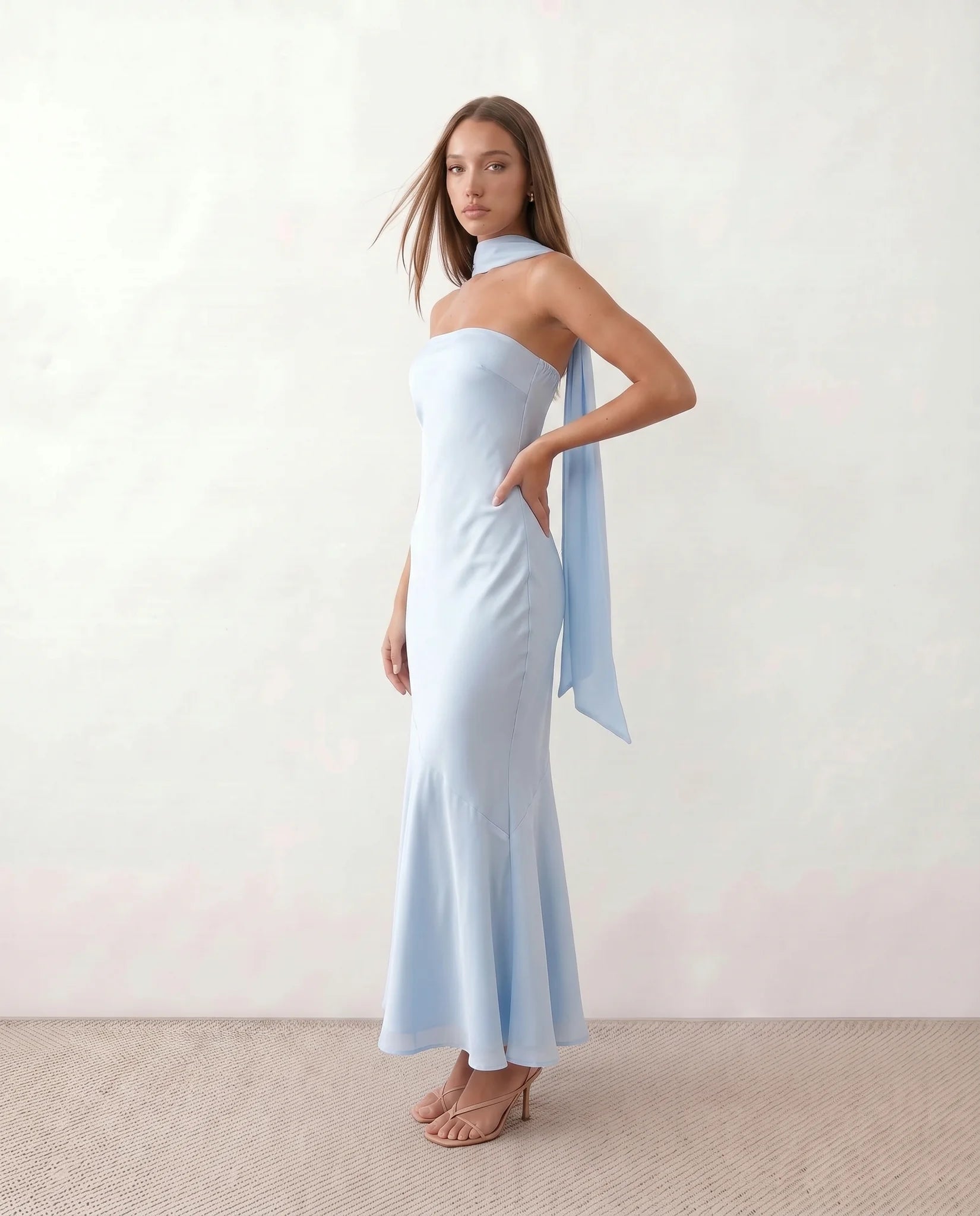 Diana Cocktail Satin Maxi Dress in Light Blue — side view