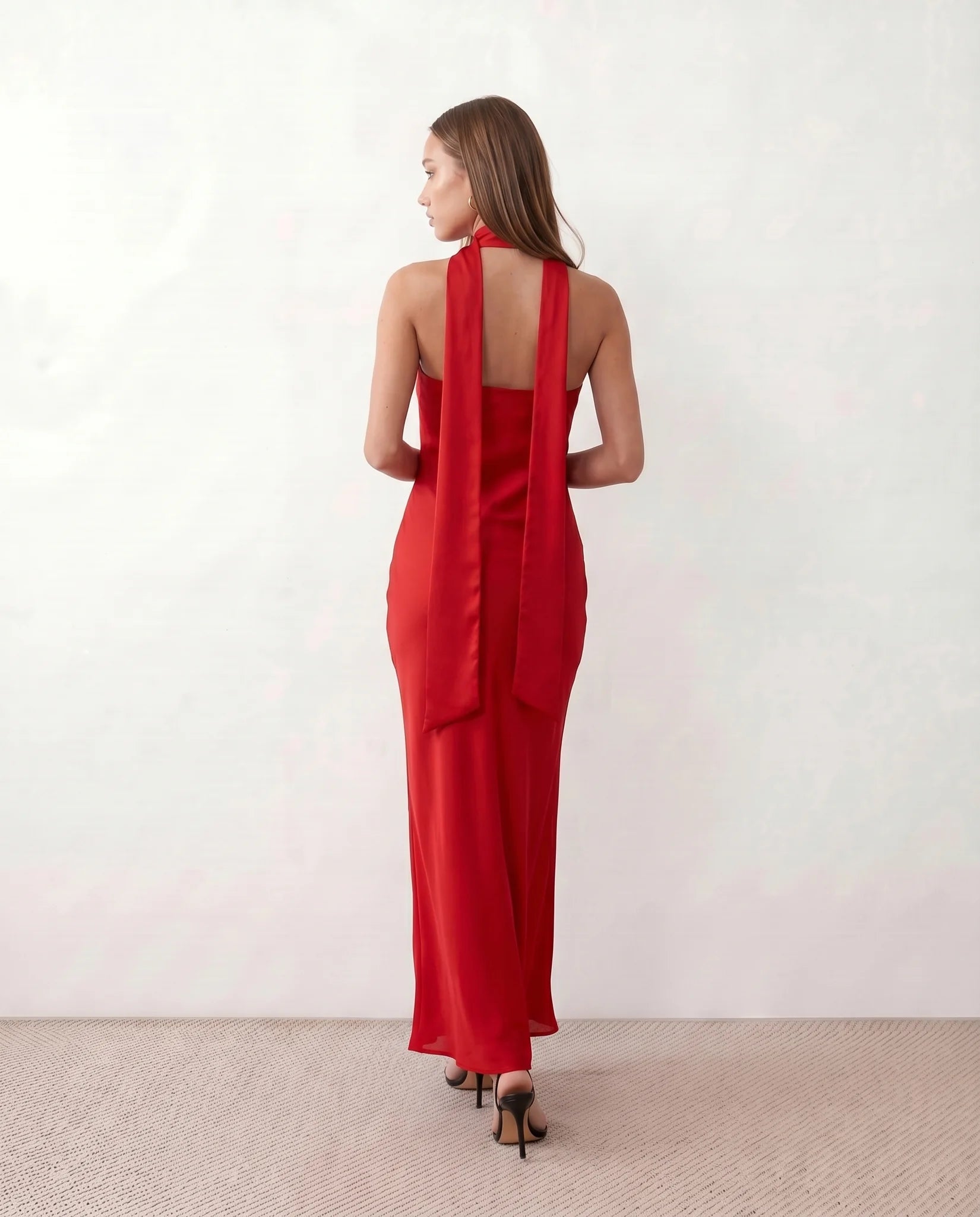 Diana Cocktail Satin Maxi Dress in Red — back view