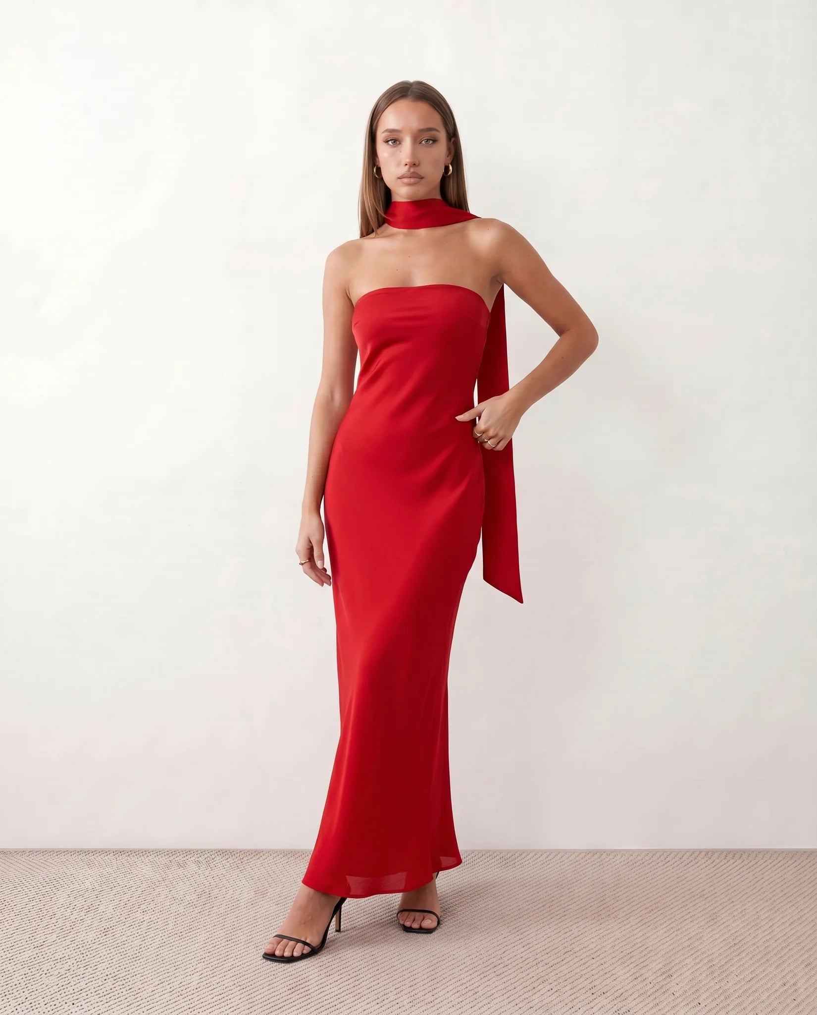 Diana Cocktail Satin Maxi Dress in Red — front view
