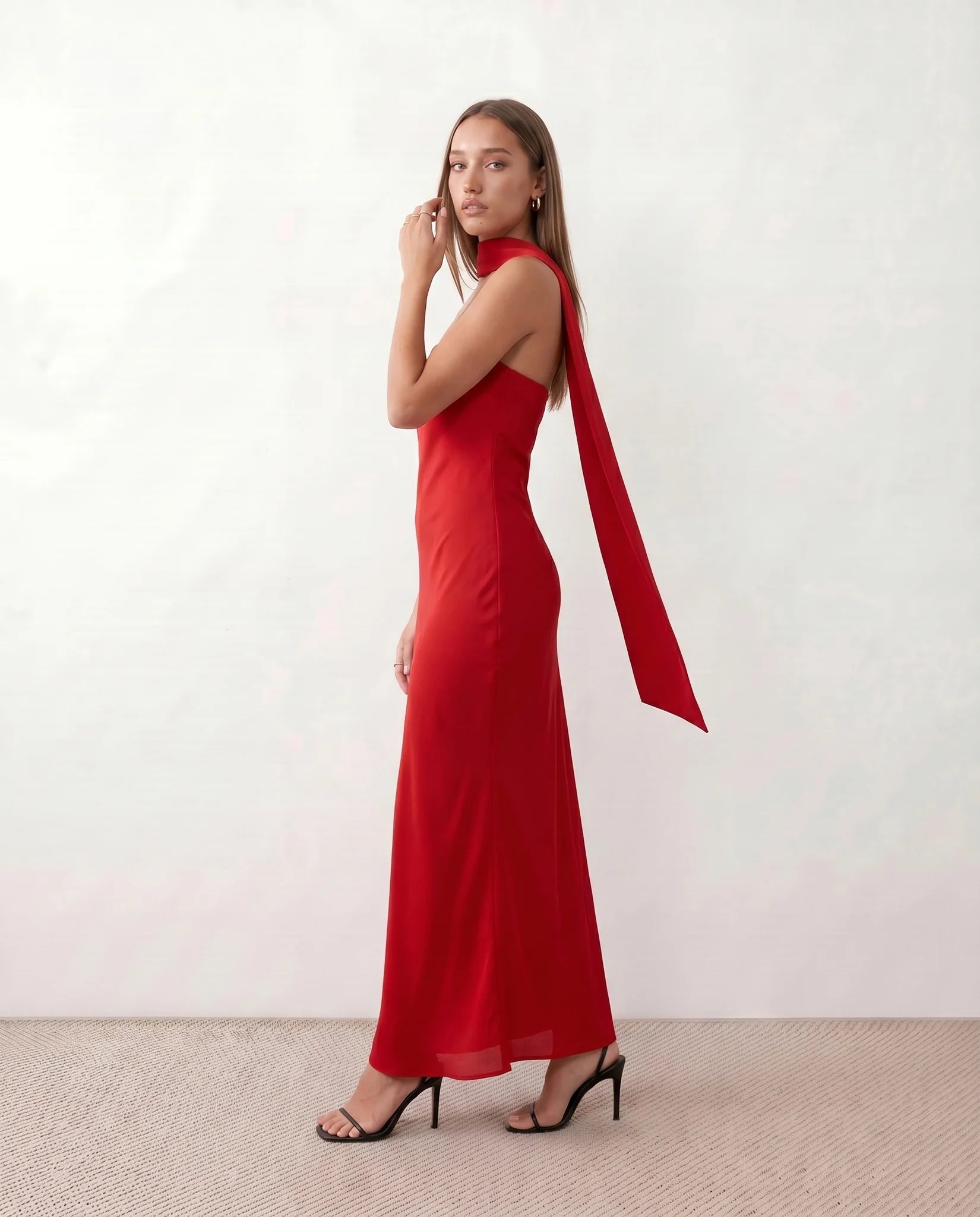 Diana Cocktail Satin Maxi Dress in Red — side view