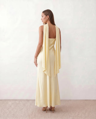 Diana Cocktail Satin Maxi Dress in Yellow — back view