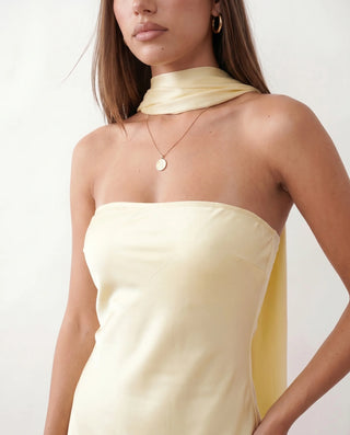 Diana Cocktail Satin Maxi Dress in Yellow — detail close-up