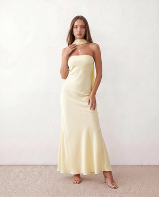 Diana Cocktail Satin Maxi Dress in Yellow — front view