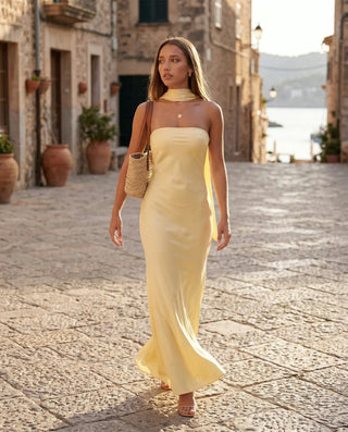 Diana Cocktail Satin Maxi Dress in Yellow — lifestyle movement view