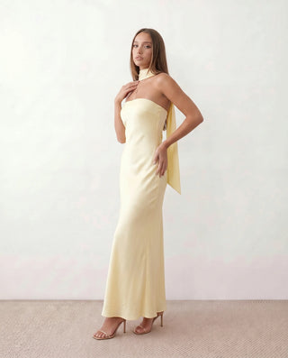 Diana Cocktail Satin Maxi Dress in Yellow — side view