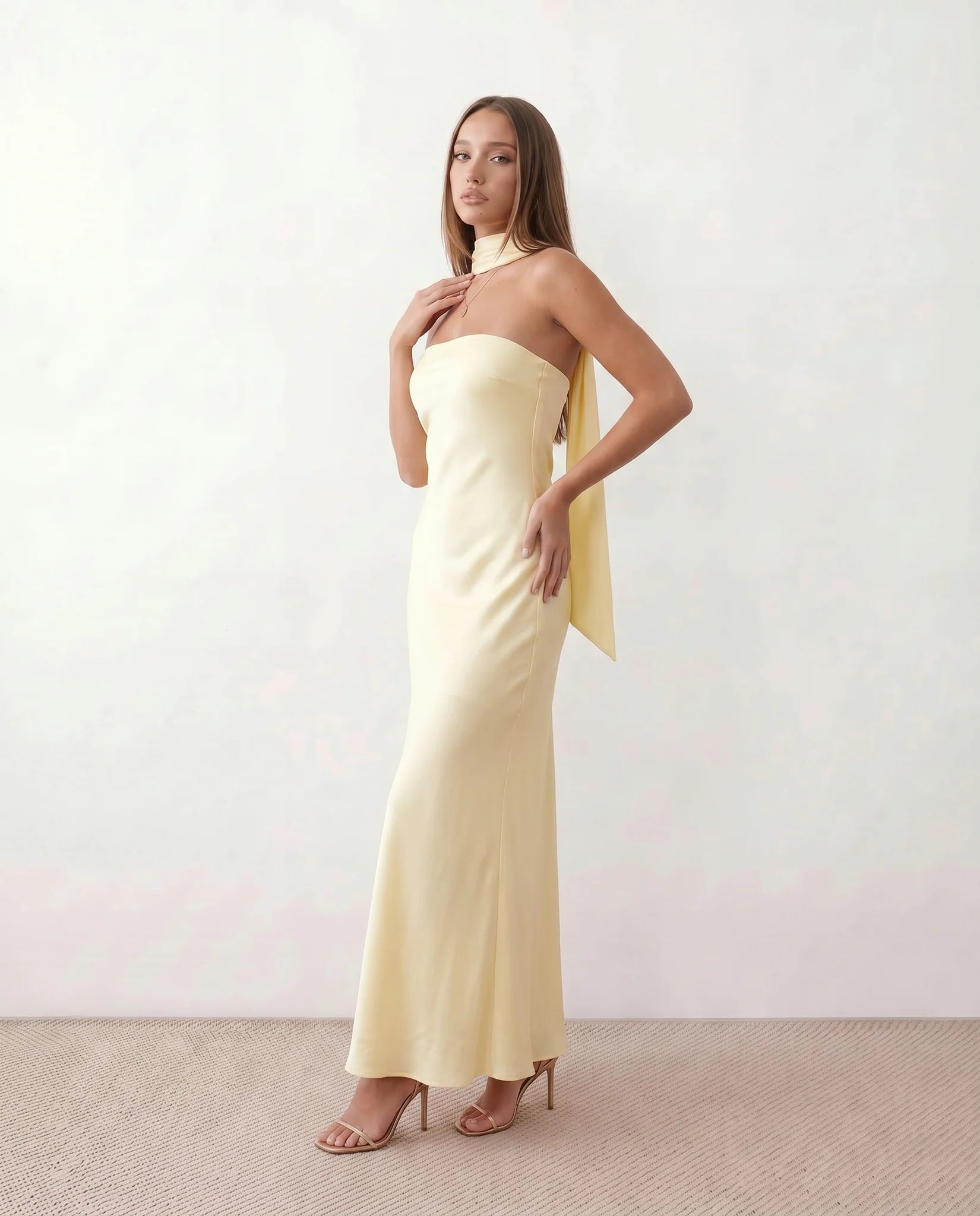 Diana Cocktail Satin Maxi Dress in Yellow — side view