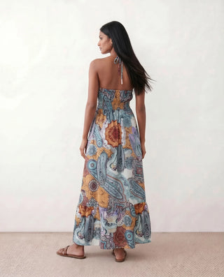 Pierina Halter A-Line Maxi Dress in Paisley Blue — back view