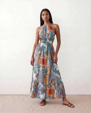 Pierina Halter A-Line Maxi Dress in Paisley Blue — front view