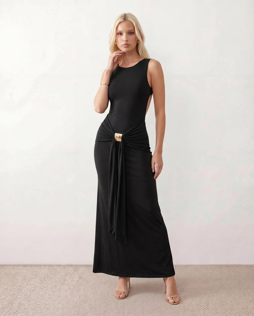 Calista Cocktail Round Neck Maxi Dress in Black — front view