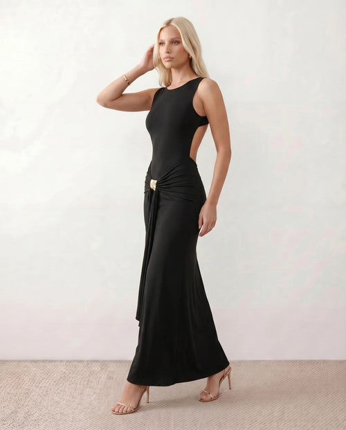 Calista Cocktail Round Neck Maxi Dress in Black — side view