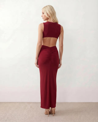 Calista Cocktail Round Neck Maxi Dress in Burgundy — back view