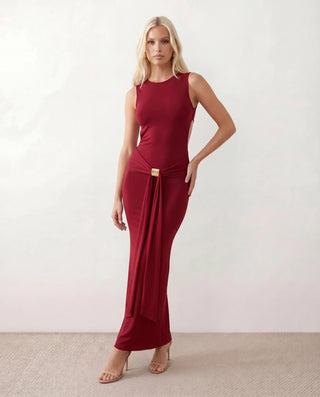 Calista Cocktail Round Neck Maxi Dress in Burgundy — front view