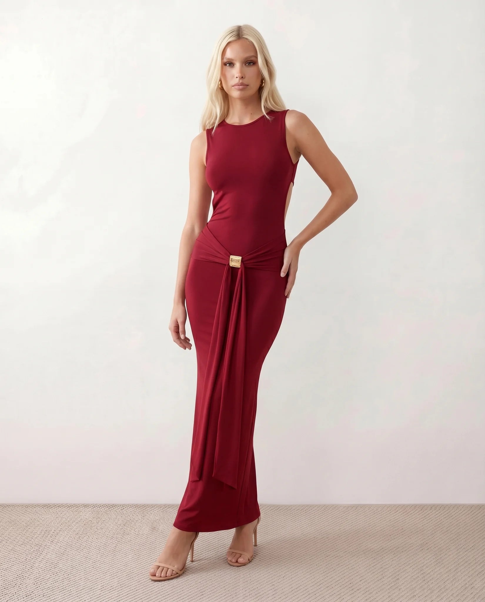 Calista Cocktail Round Neck Maxi Dress in Burgundy — front view