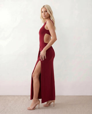 Calista Cocktail Round Neck Maxi Dress in Burgundy — side view