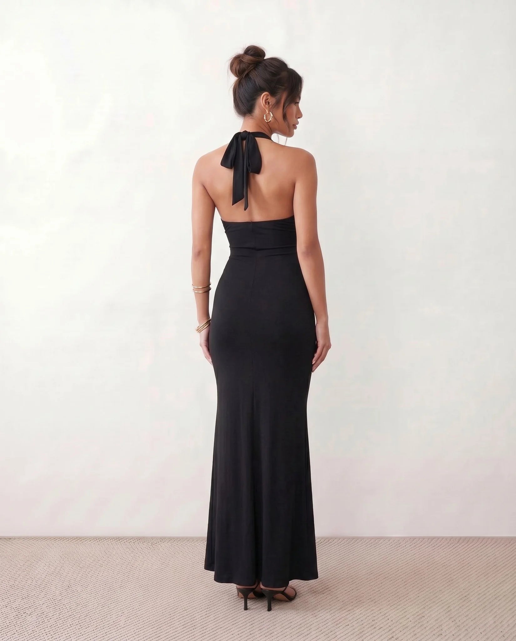 Ariadna Party Halter Maxi Dress in Black — back view