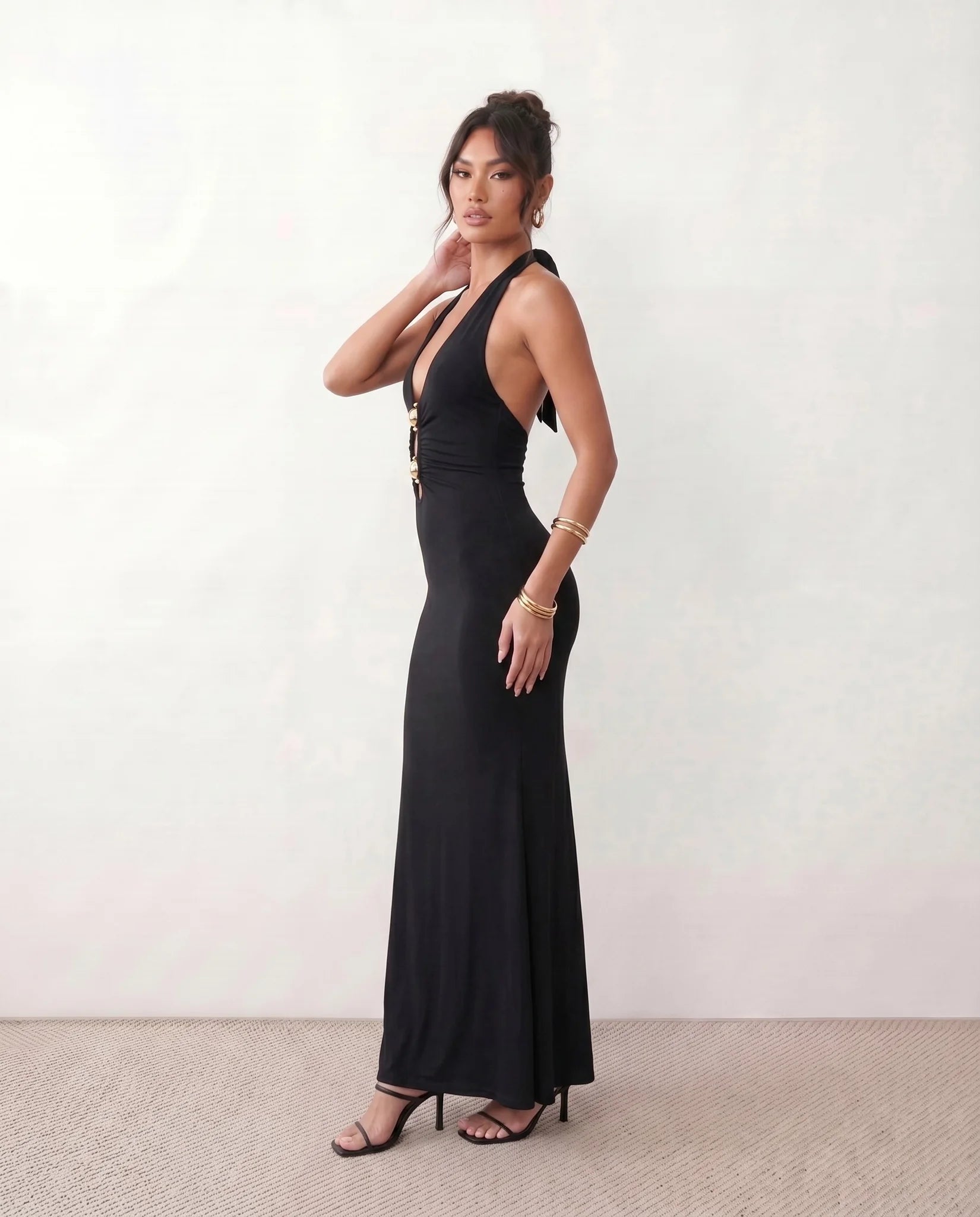 Ariadna Party Halter Maxi Dress in Black — side view