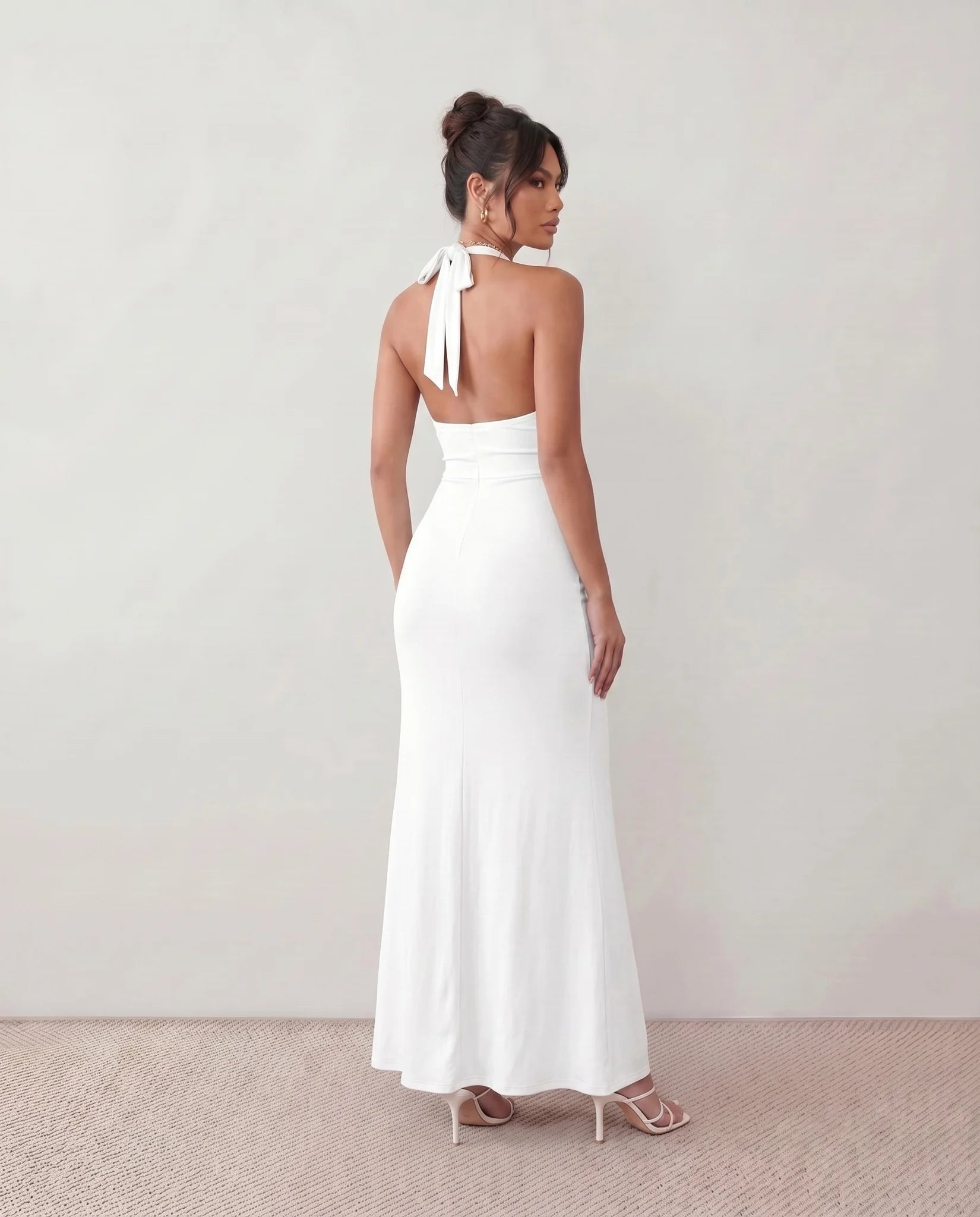 Ariadna Party Halter Maxi Dress in White — back view