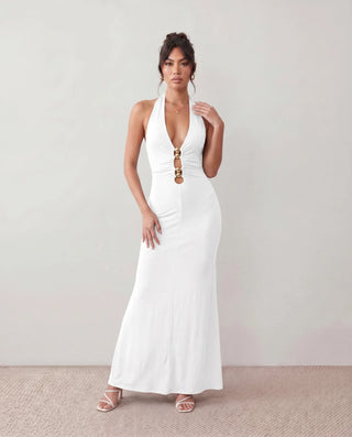 Ariadna Party Halter Maxi Dress in White — front view