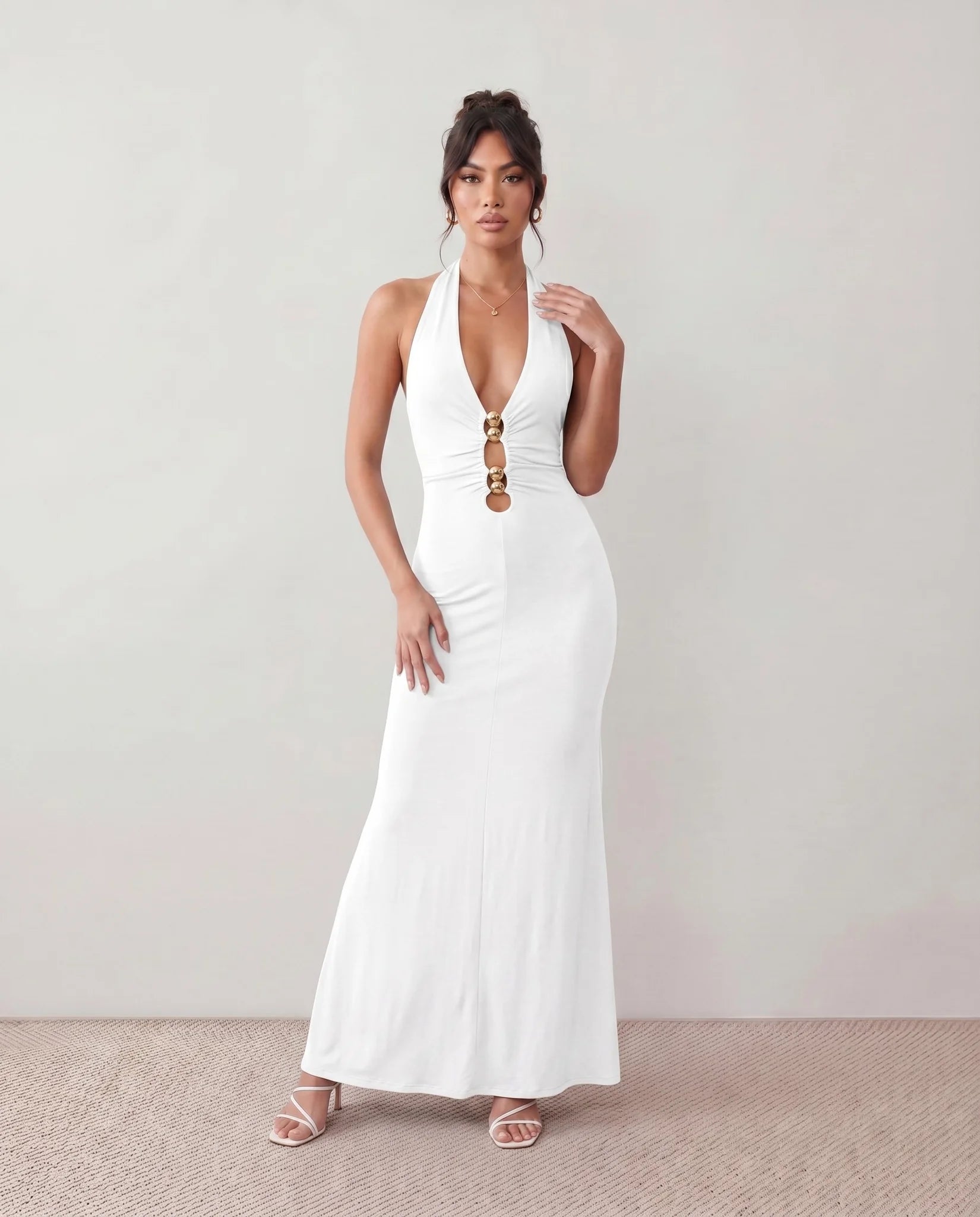 Ariadna Party Halter Maxi Dress in White — front view