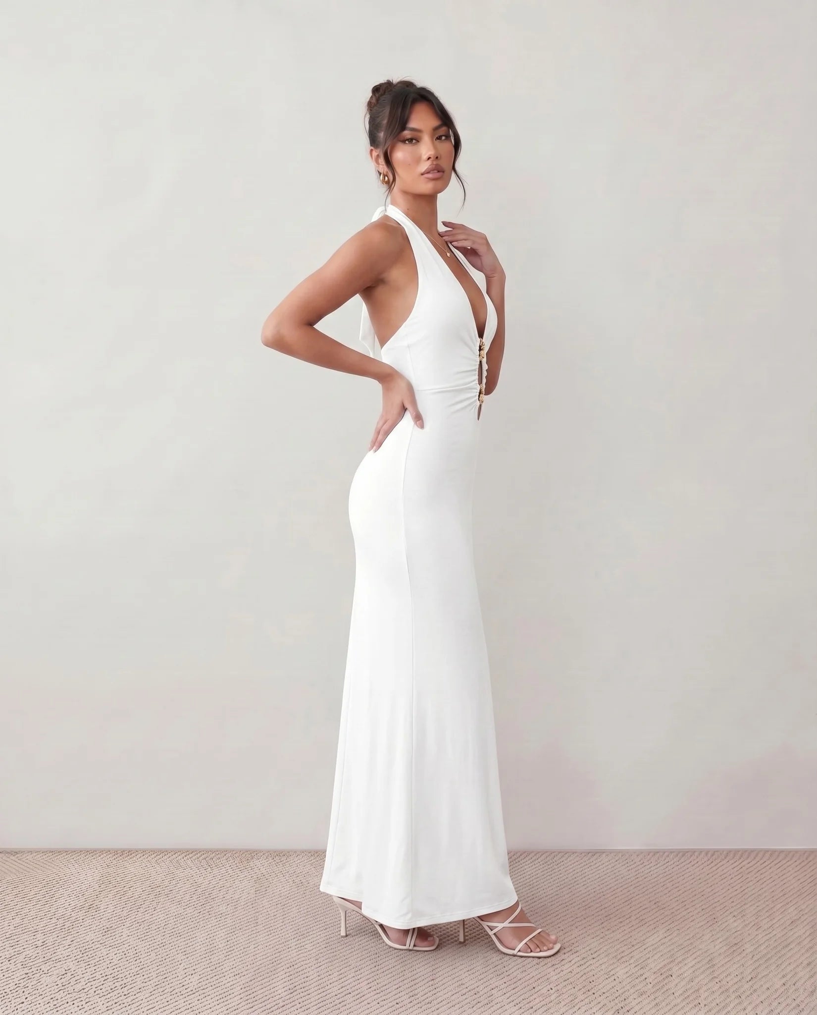 Ariadna Party Halter Maxi Dress in White — side view