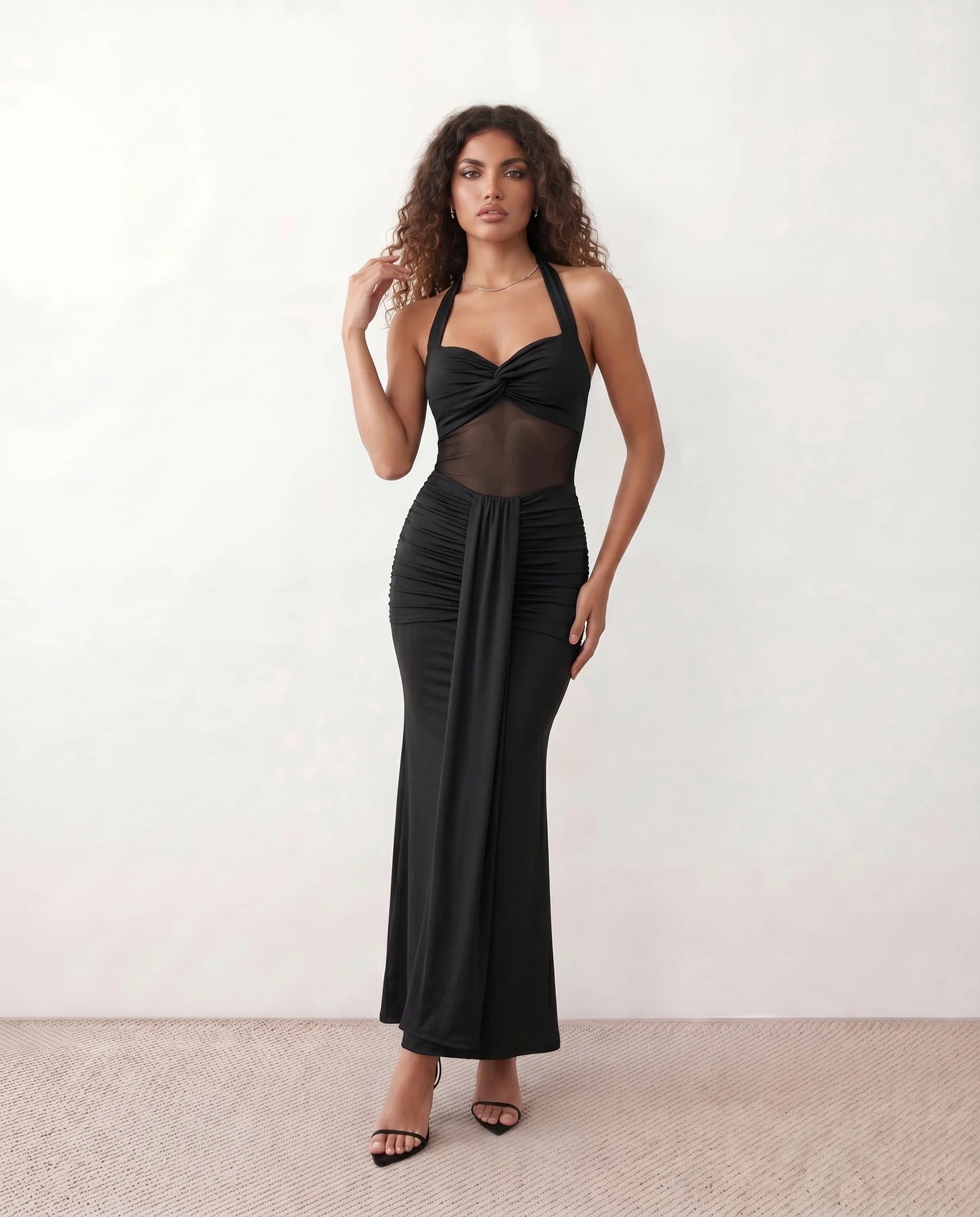 Micaela Cocktail Halter Maxi Dress in Black — front view