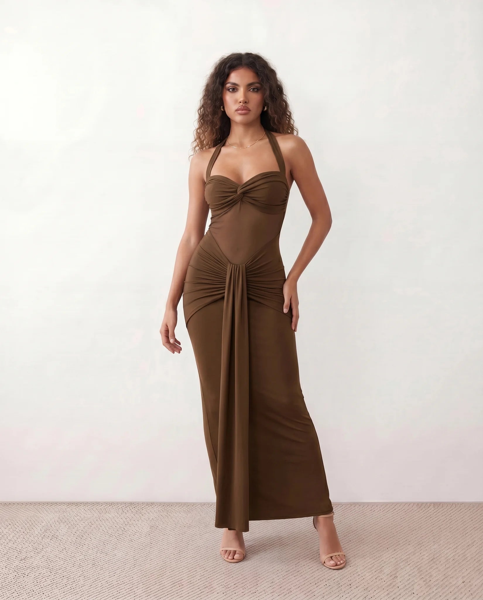 Micaela Cocktail Halter Maxi Dress in Brown — front view
