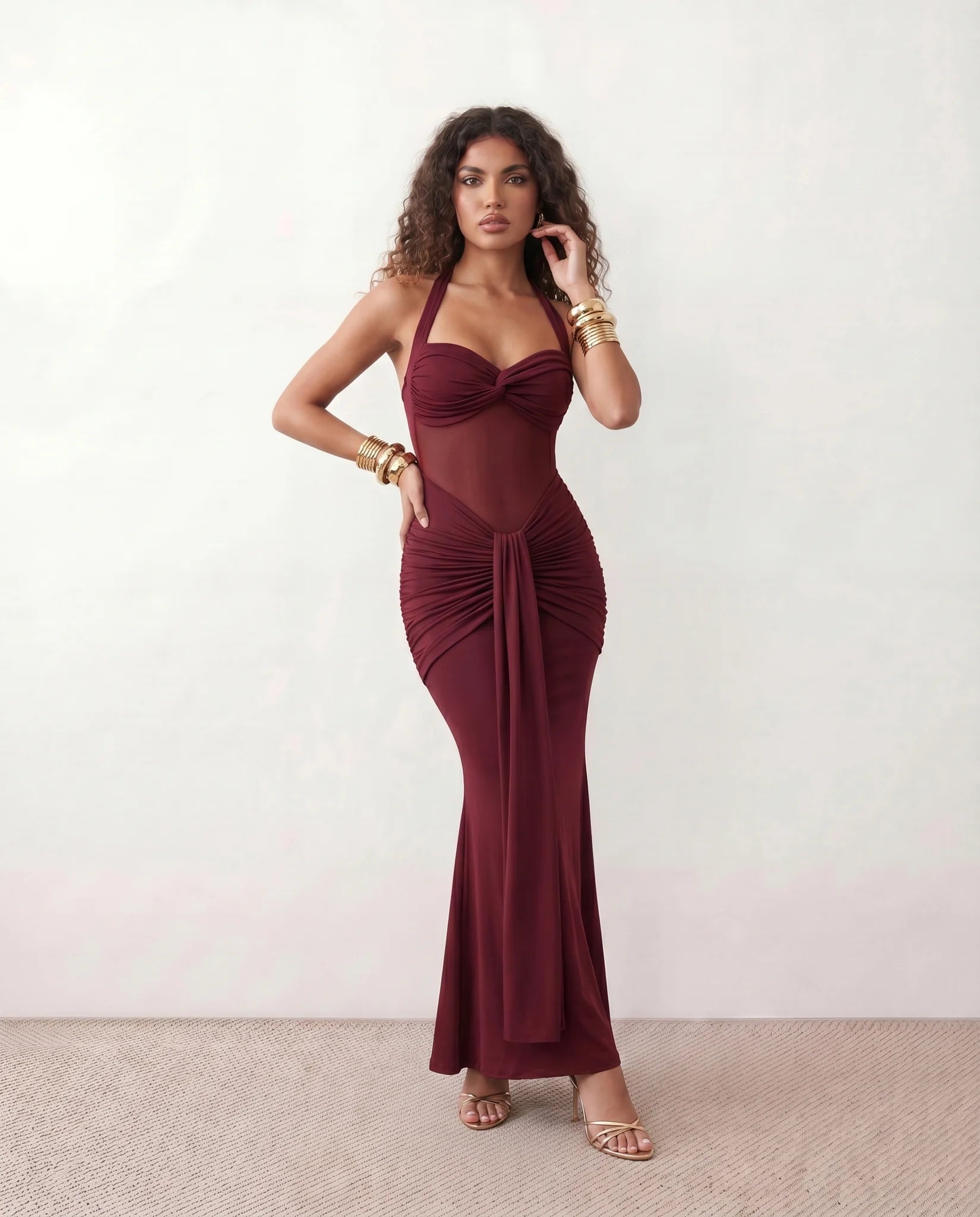 Micaela Cocktail Halter Maxi Dress in Burgundy — front view