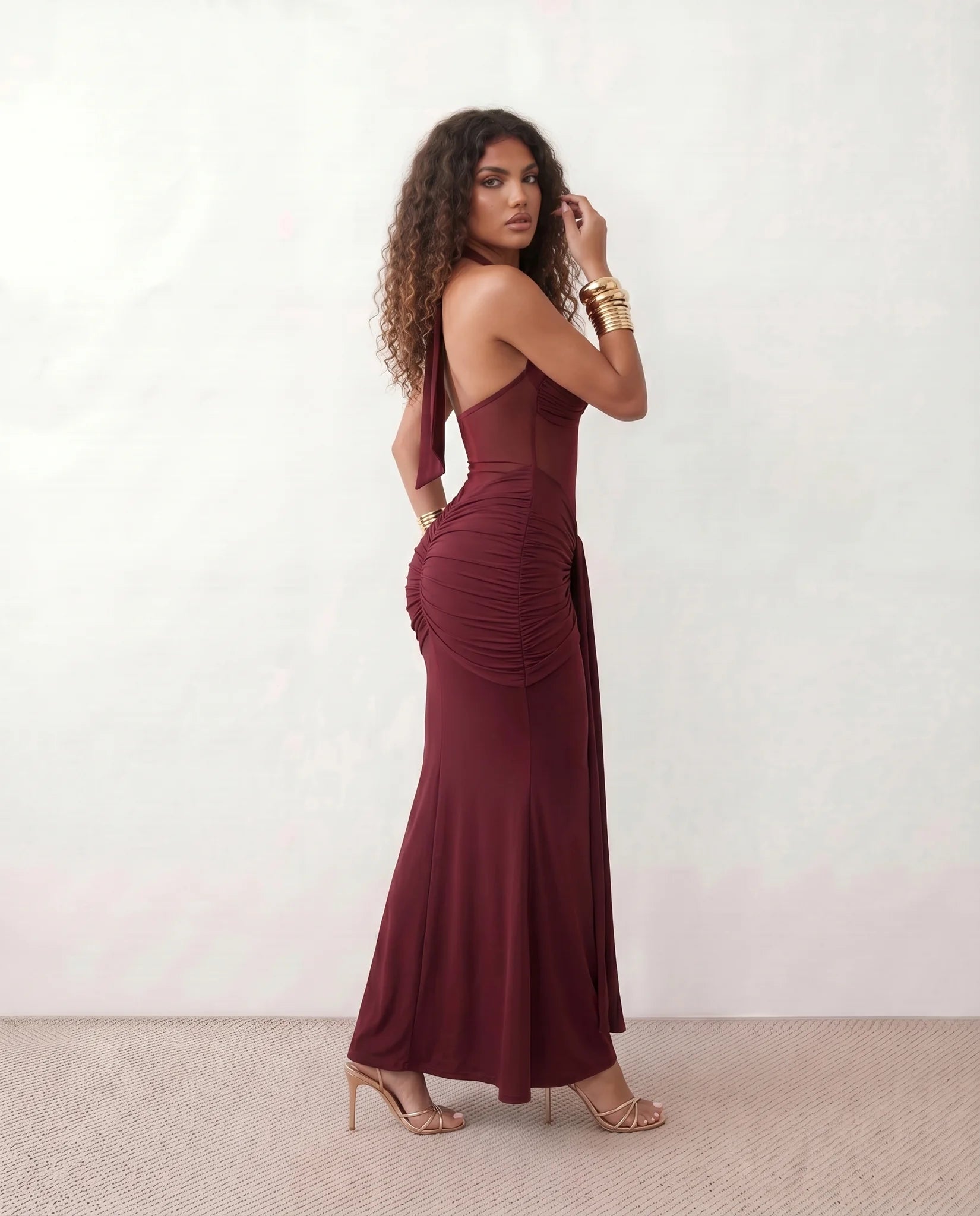 Micaela Cocktail Halter Maxi Dress in Burgundy — side view