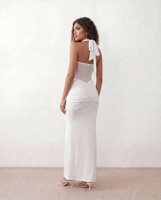 Micaela Cocktail Halter Maxi Dress in White — back view