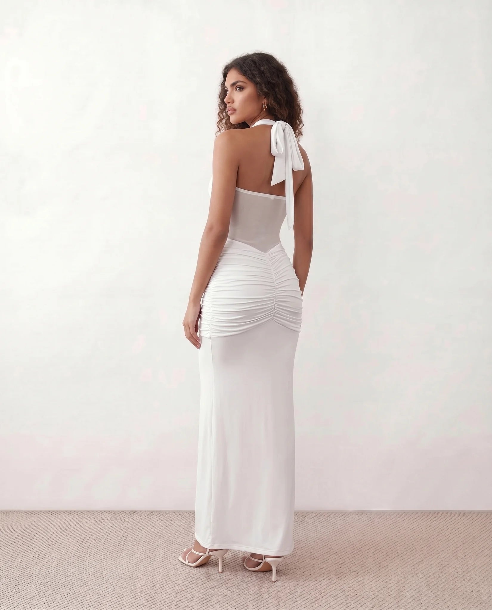Micaela Cocktail Halter Maxi Dress in White — back view